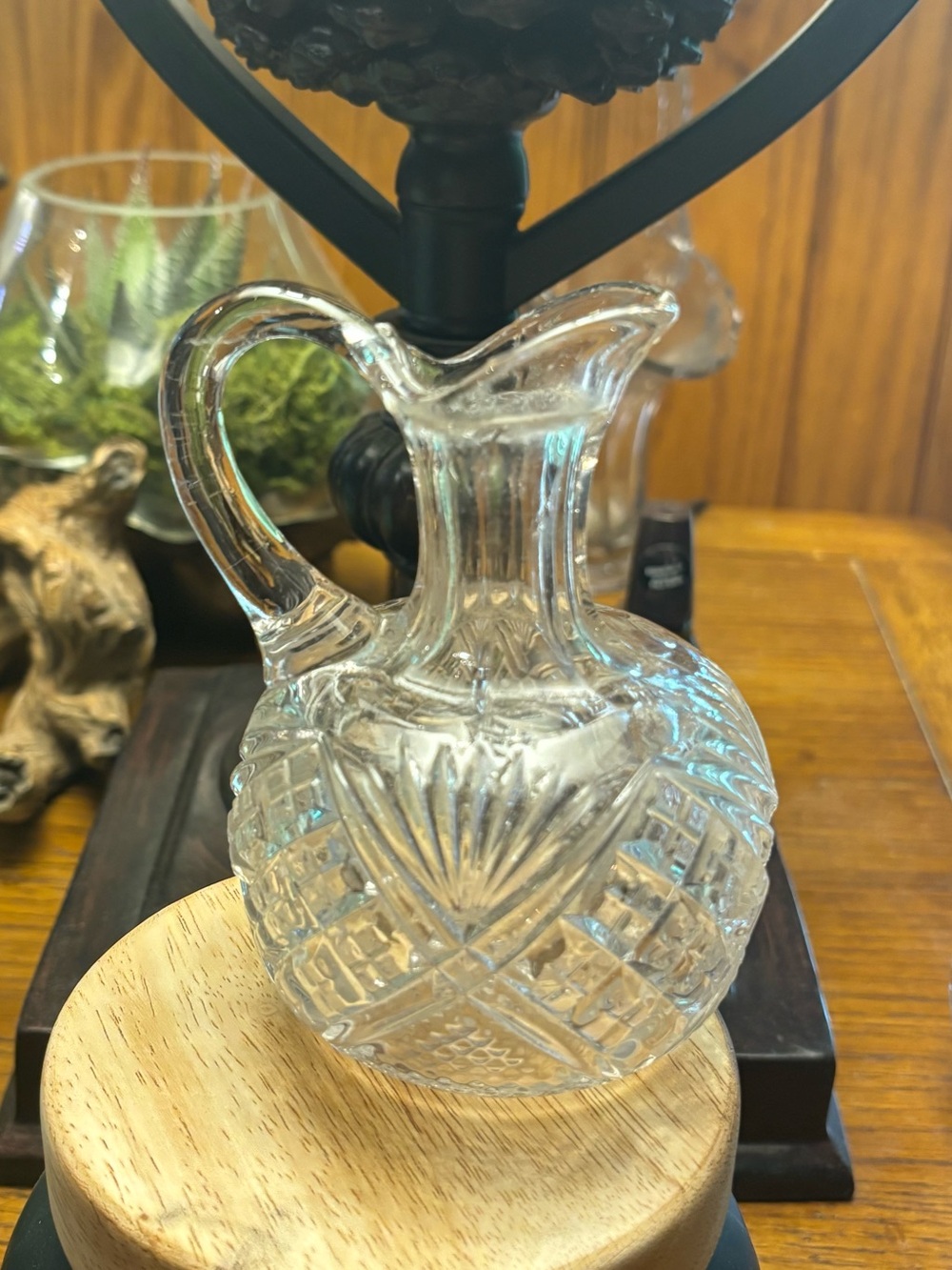 Clear Cut Glass Cruet w/ Handle, Geometric Pattern, Decorative, Round